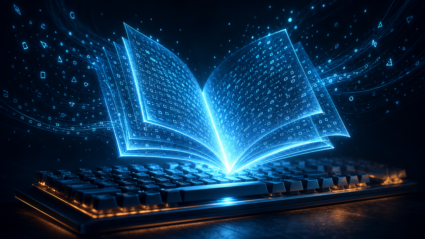 Glowing code-book over a mechanical keyboard — an open-coding model takes the lead