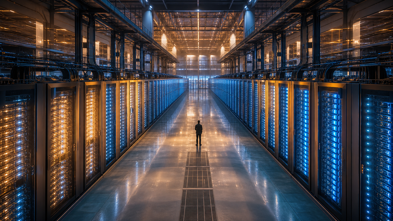 Inside a sovereign AI factory in France coming online — rows of glowing server racks