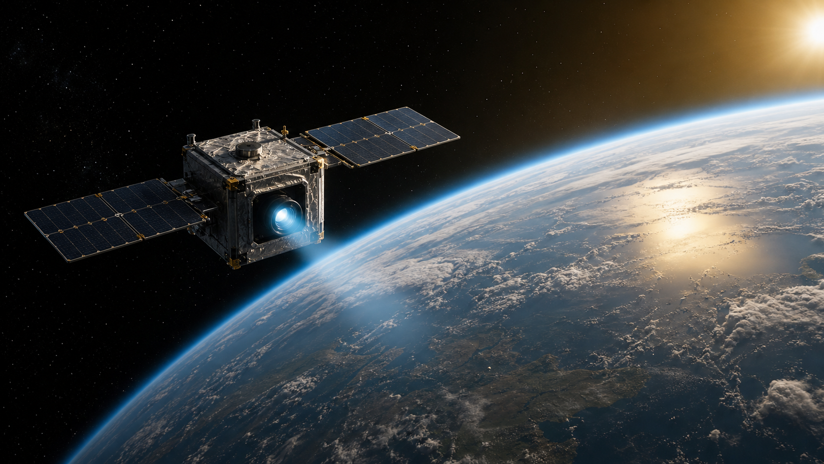 A small autonomous satellite in orbit, its camera-eye reasoning over a sunlit Earth