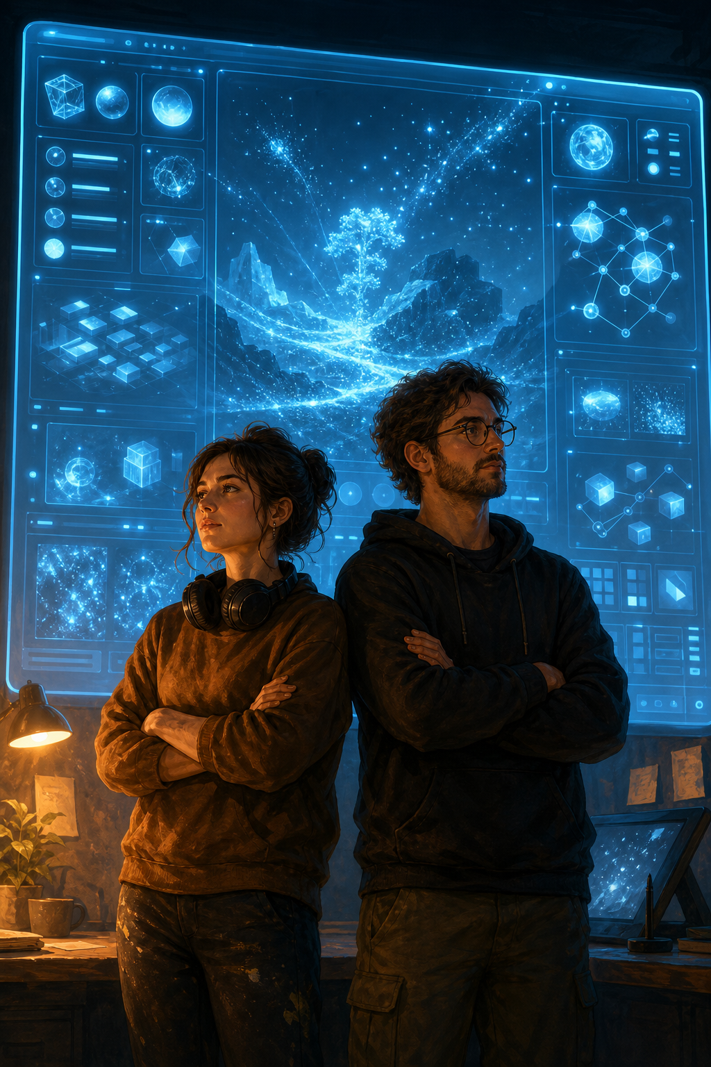 Two indie developers stand politely but firmly in front of a glowing corporate game engine offering generative-AI tools — a quiet refusal