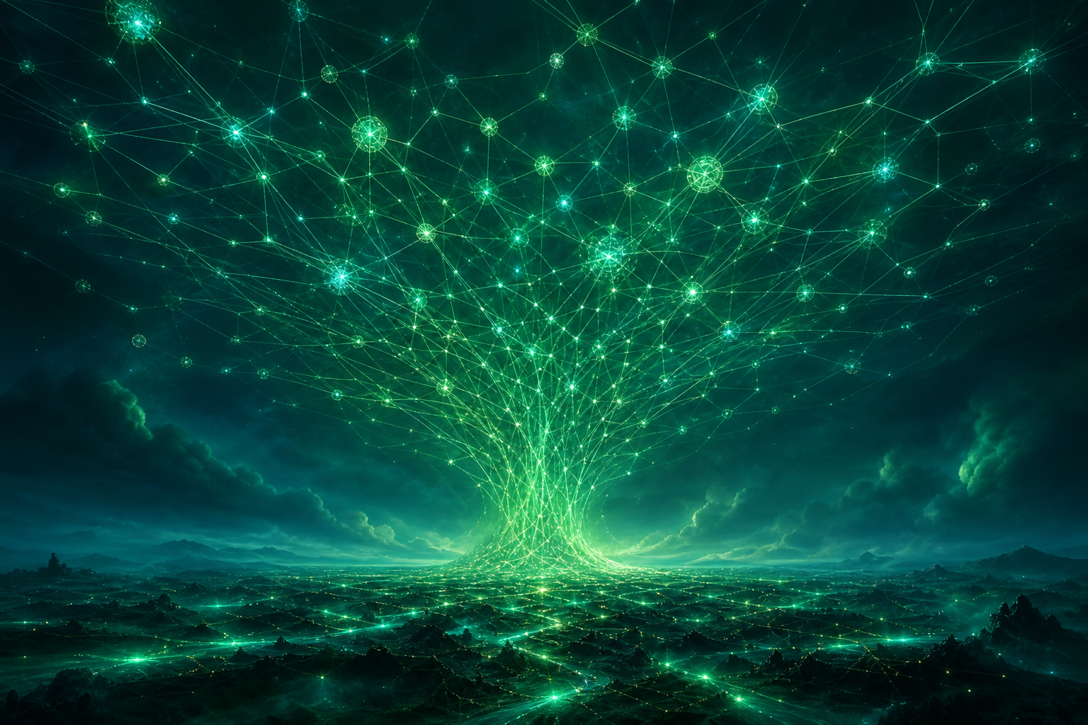A glowing open lattice of green light unfolding into a frontier of model nodes, an open-source AI ascendant