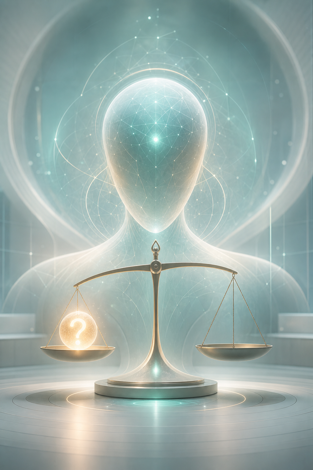 A calm clinical illustration of an AI carefully weighing a health question, soft teal light
