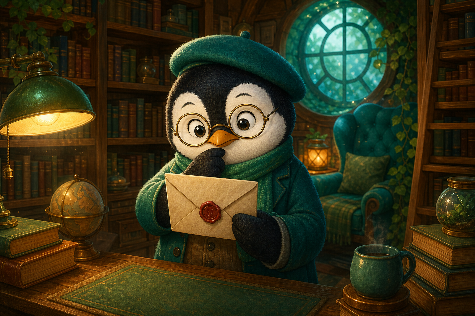 A penguin researcher holding a sealed envelope, an agent deciding what not to say