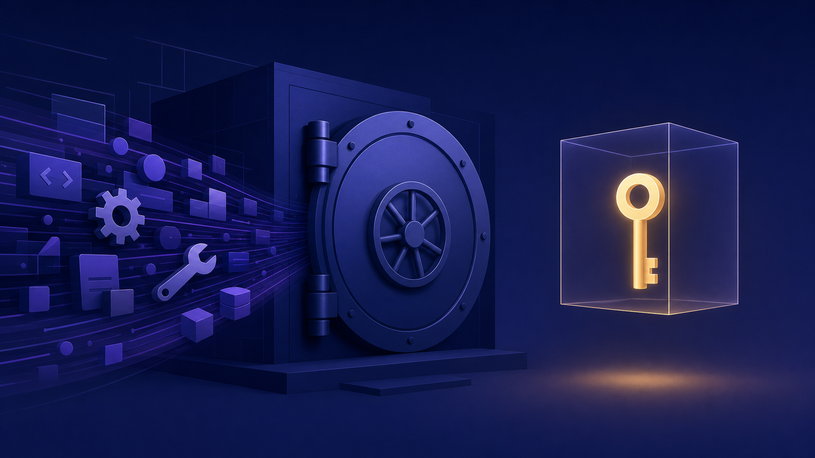 A luminous indigo gateway with a single glowing key-shaped token isolated outside a translucent boundary as an agent approaches