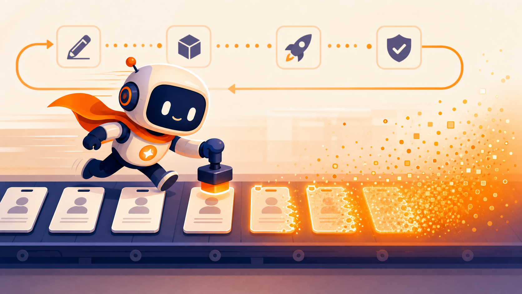 A small AI agent stamping a row of temporary disposable login badges that dissolve into warm orange light after use