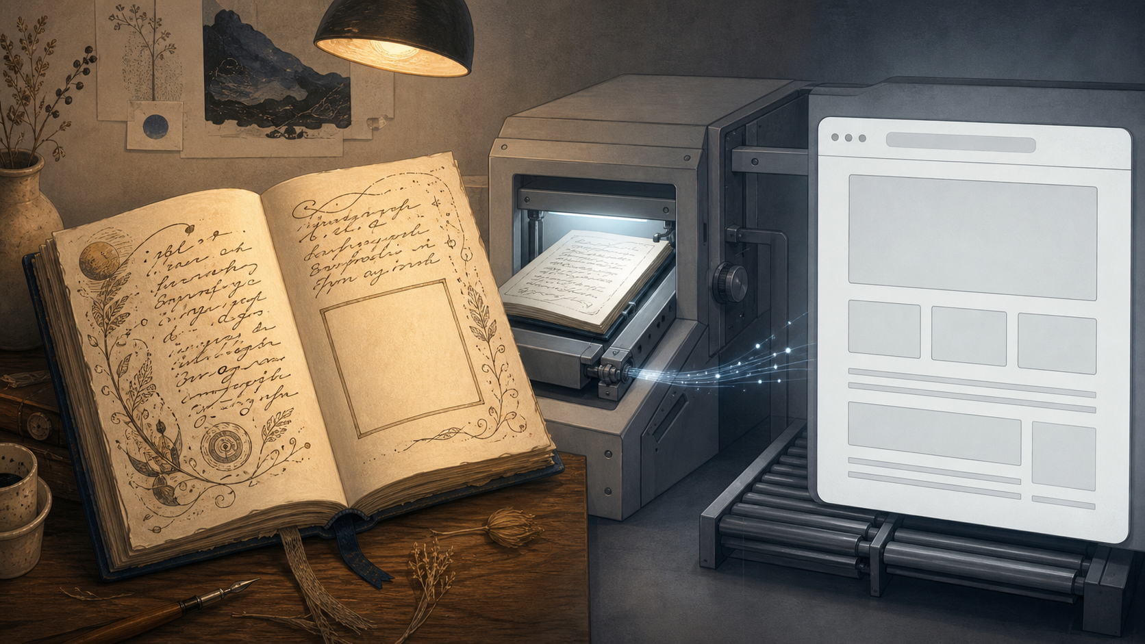 A warm handwritten book of invented words being copied by a cold machine into a hollow generic webpage, the original artwork missing