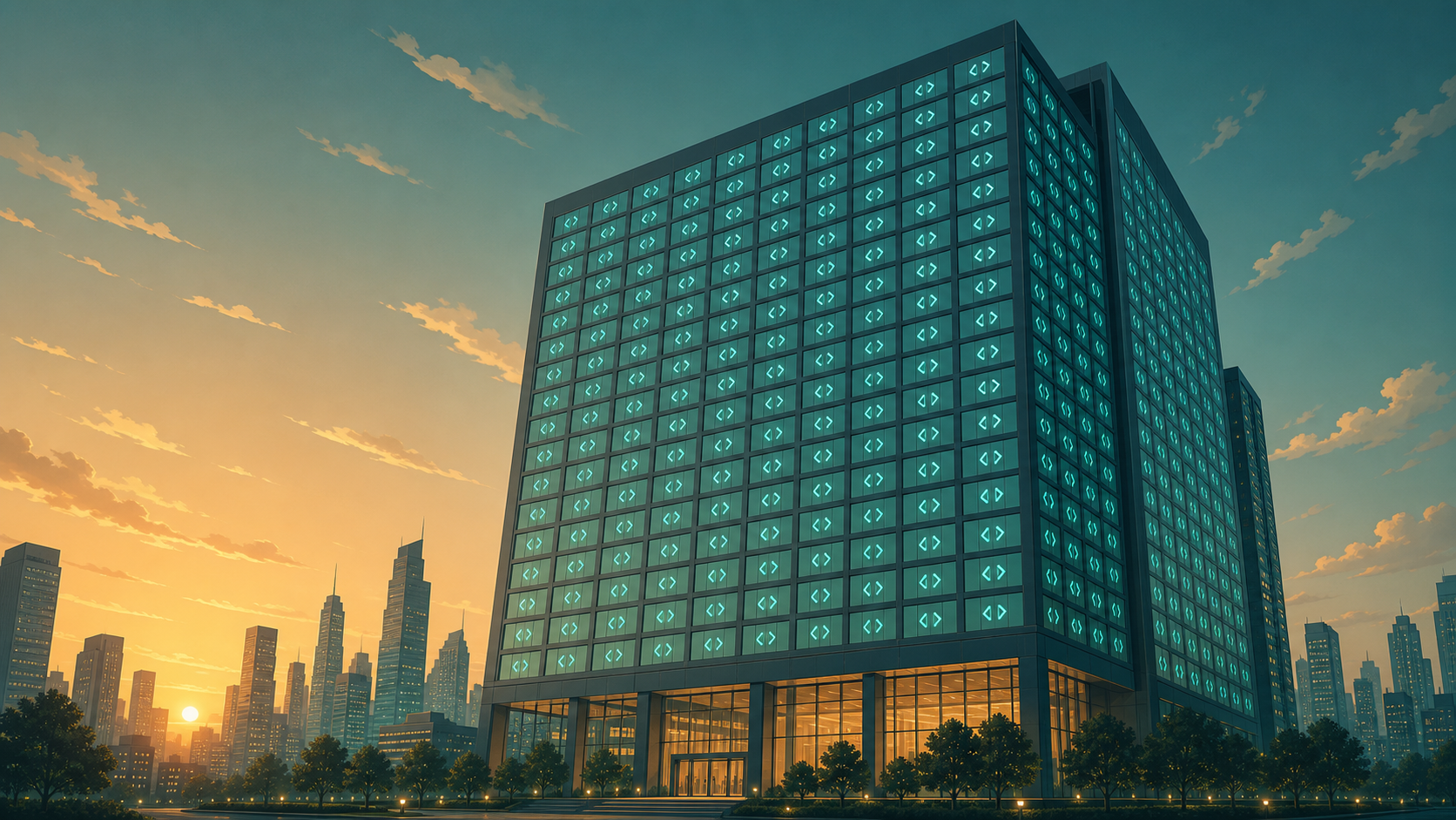 A colossal corporate headquarters tower at dawn, every window glowing with a small teal code symbol.