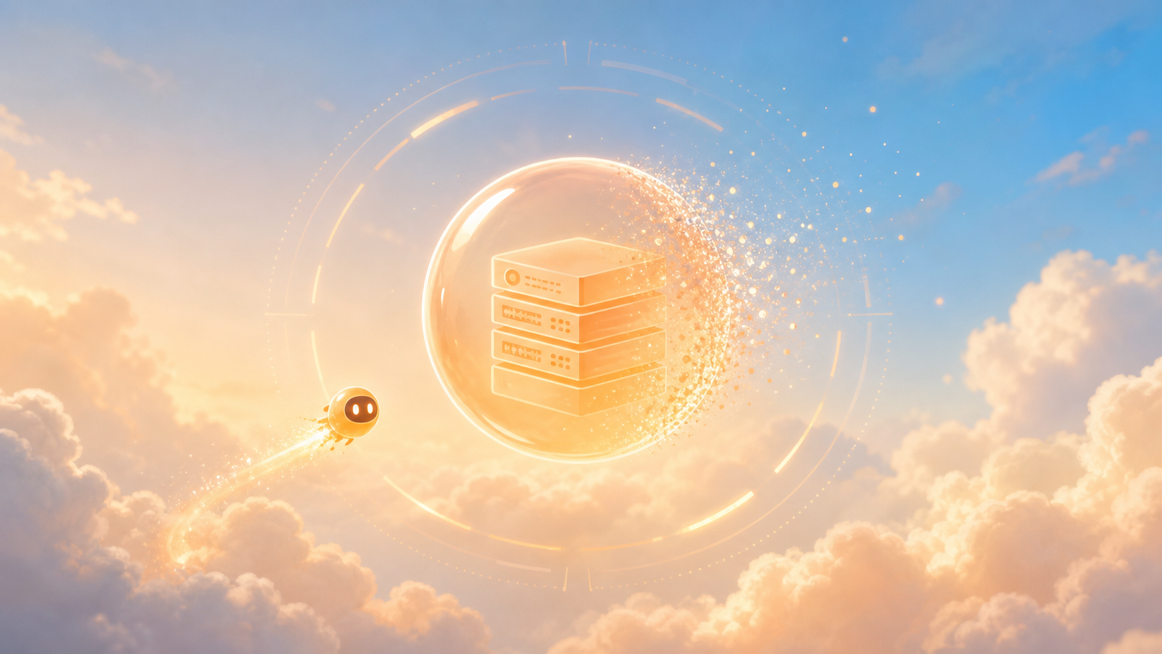 A glowing translucent server bubble with a 60-minute countdown ring, its edges dissolving into light.