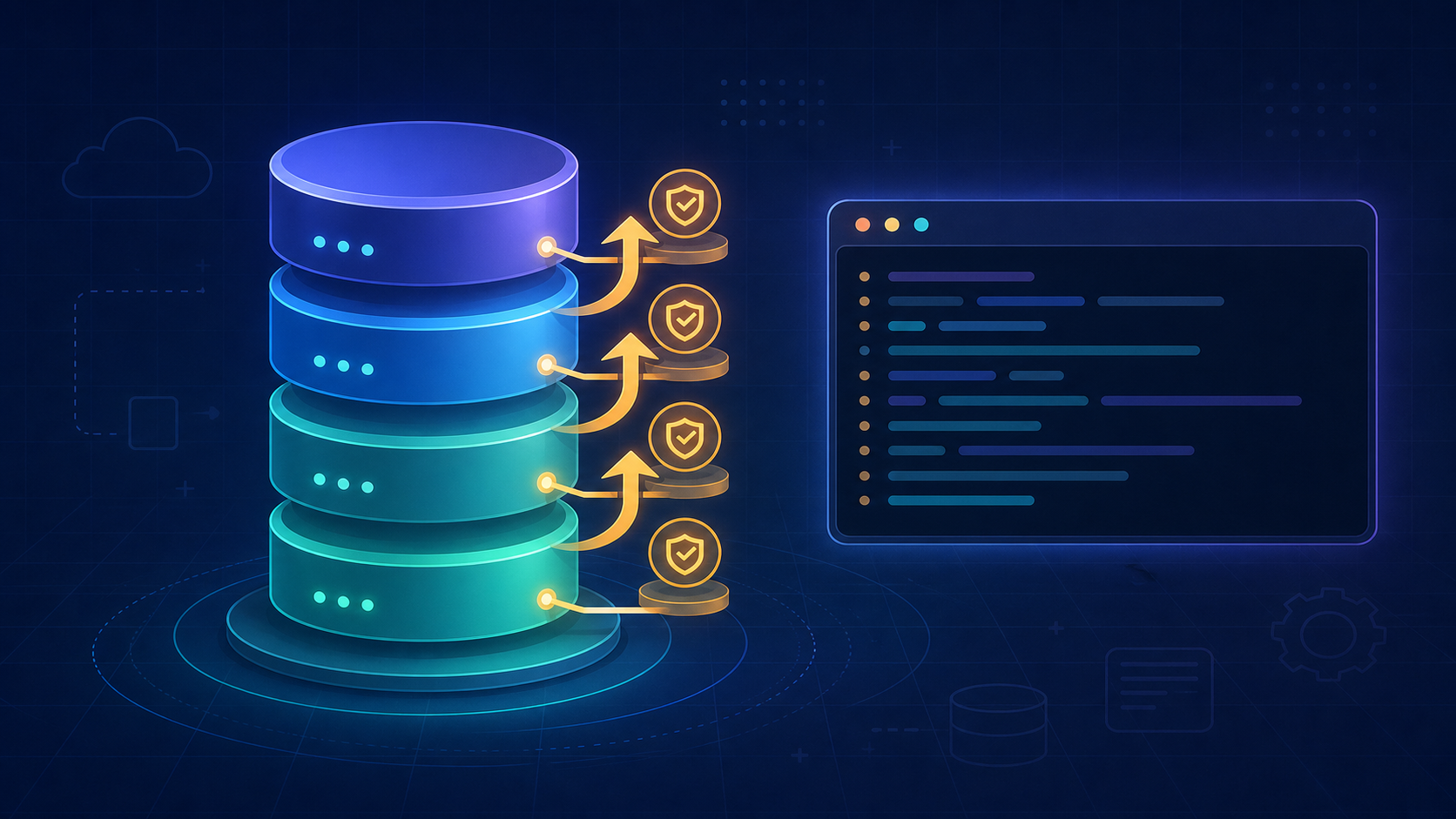 A neat stack of glowing database disks connected by an ascending ladder of version arrows, beside a terminal window.