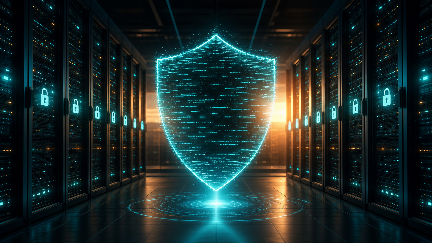 A luminous shield made of scrolling code at the center of a dark server hall, dawn light pouring through the racks as small padlock glyphs light up one by one.