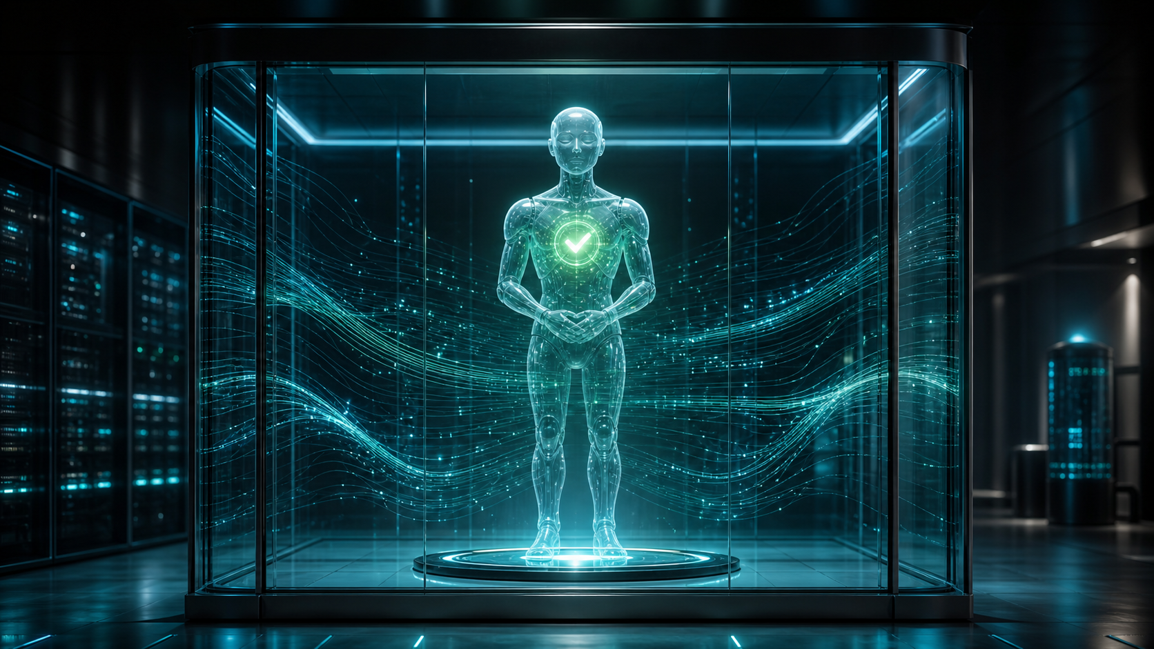 A translucent enterprise robot-agent standing inside a glass vault of glowing data, a subtle green check-seal hovering at its core.