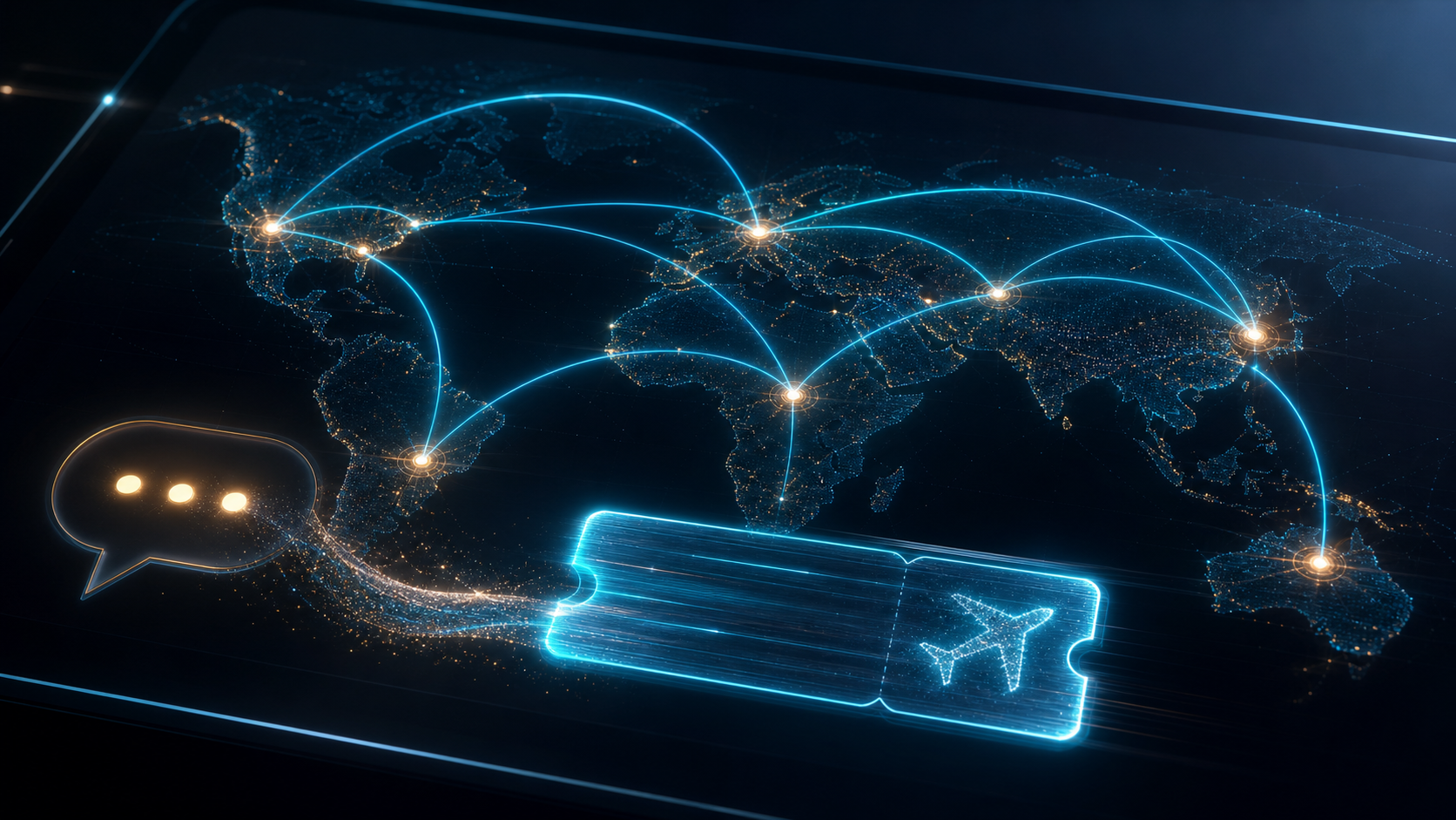 A conversational travel map glowing on a dark screen, routes drawn as luminous arcs between cities, a chat bubble dissolving into a boarding pass.