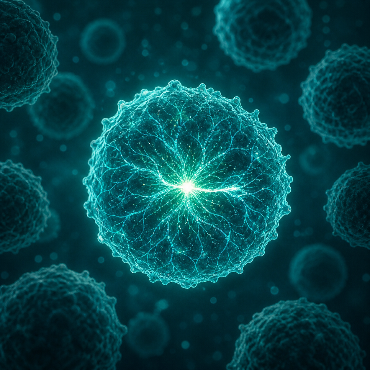 A glowing T-cell rendered as luminous teal filaments under a microscope, a single bright connection lighting up in a field of dimmer cells, the moment a pattern resolves.