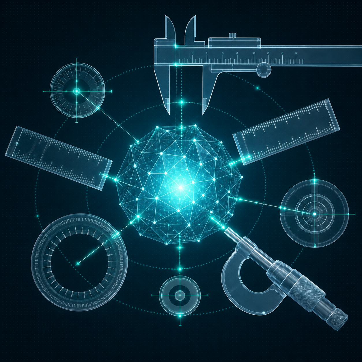 A set of translucent measuring instruments and rulers floating around a glowing model core, calibration marks lighting up as they align, on a dark teal field.