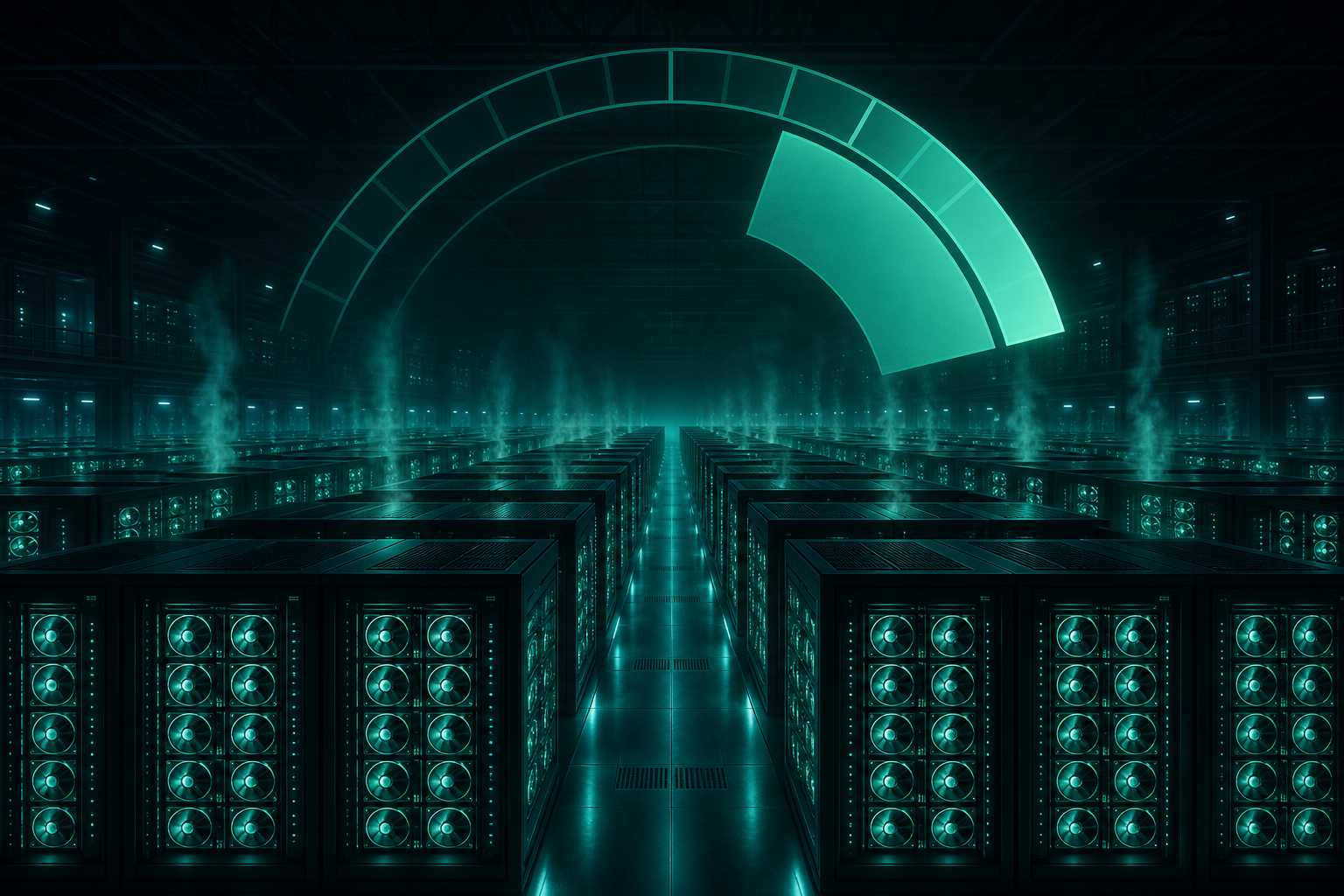 A dark data hall of GPU racks glowing teal, a luminous power meter overlay showing a large slice consumed, heat shimmer rising between the rows.