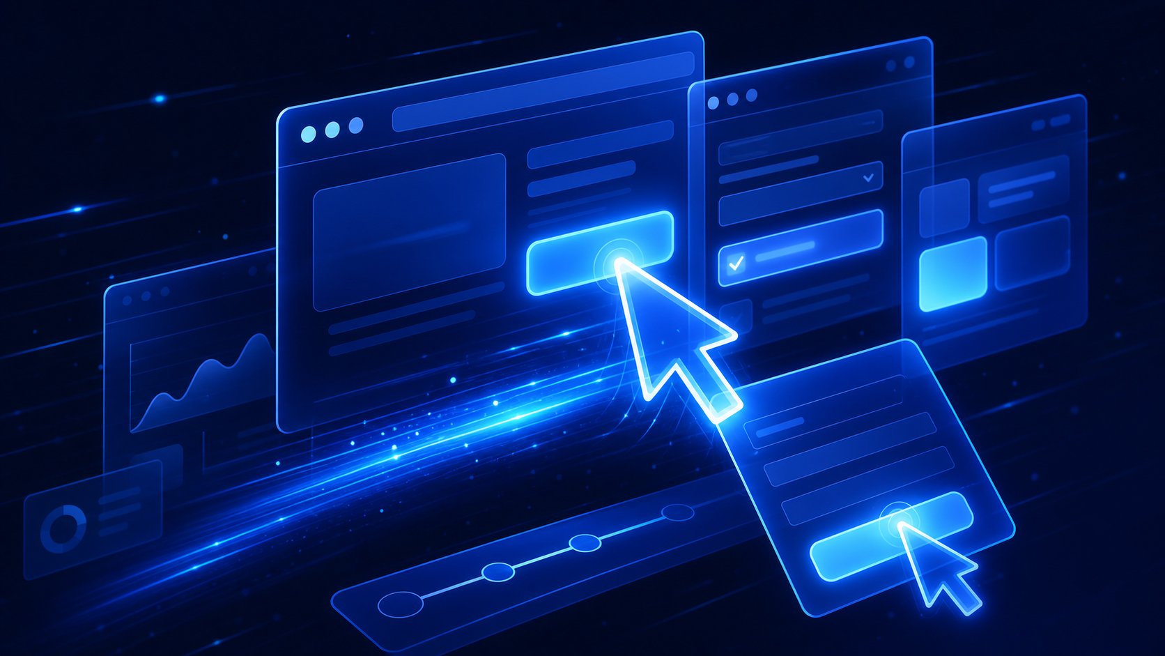 A glowing blue AI cursor clicking through a stack of floating browser windows and forms that light up one after another as an unseen agent navigates a user interface by itself.