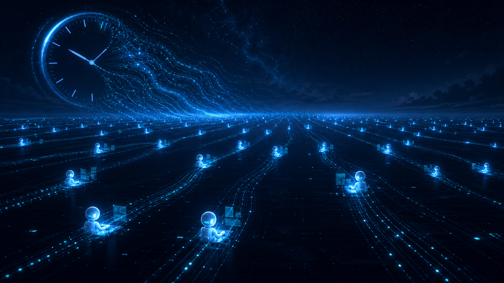 A vast dark workspace at night where dozens of small luminous AI agent-lights work in parallel along long glowing task-threads, a clock dissolving into streams of code.