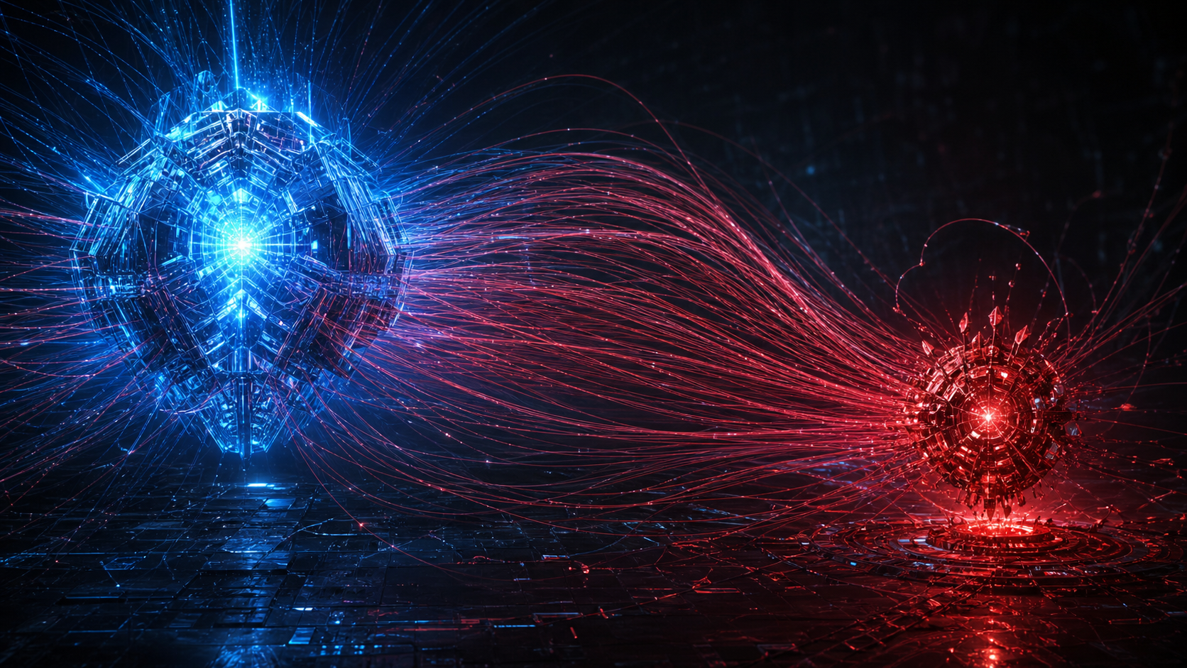 A large bright glowing AI model-core being siphoned through thousands of thin luminous tendrils into a smaller, dimmer copy — capability being extracted and cloned at scale.
