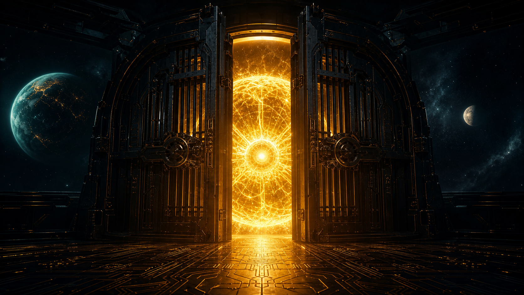 A luminous golden sun rendered as an AI model core rising behind a half-open vault gate, warm light spilling through the gap onto a dark structured horizon of circuitry, two faint orbiting bodies in the distance.