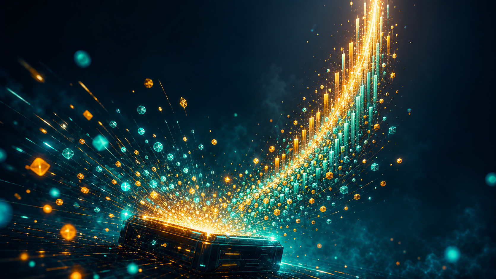 Streams of glowing teal and amber data tokens surging upward out of a luminous code terminal, forming a steep rising curve that climbs off the top of the frame.