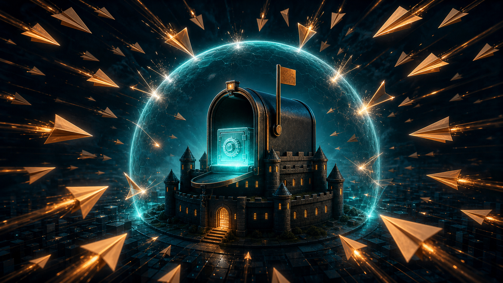 A single glowing fortress mailbox protected by a translucent dome shield, thousands of small paper-airplane email darts streaming in from all sides and bouncing harmlessly off the shield, the secret glowing safe at the center.