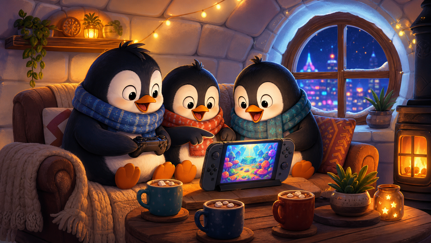 Three penguins huddled around a handheld, delighted by a small colorful indie game — proof that joy still outruns the machine, even in a heavy news week.