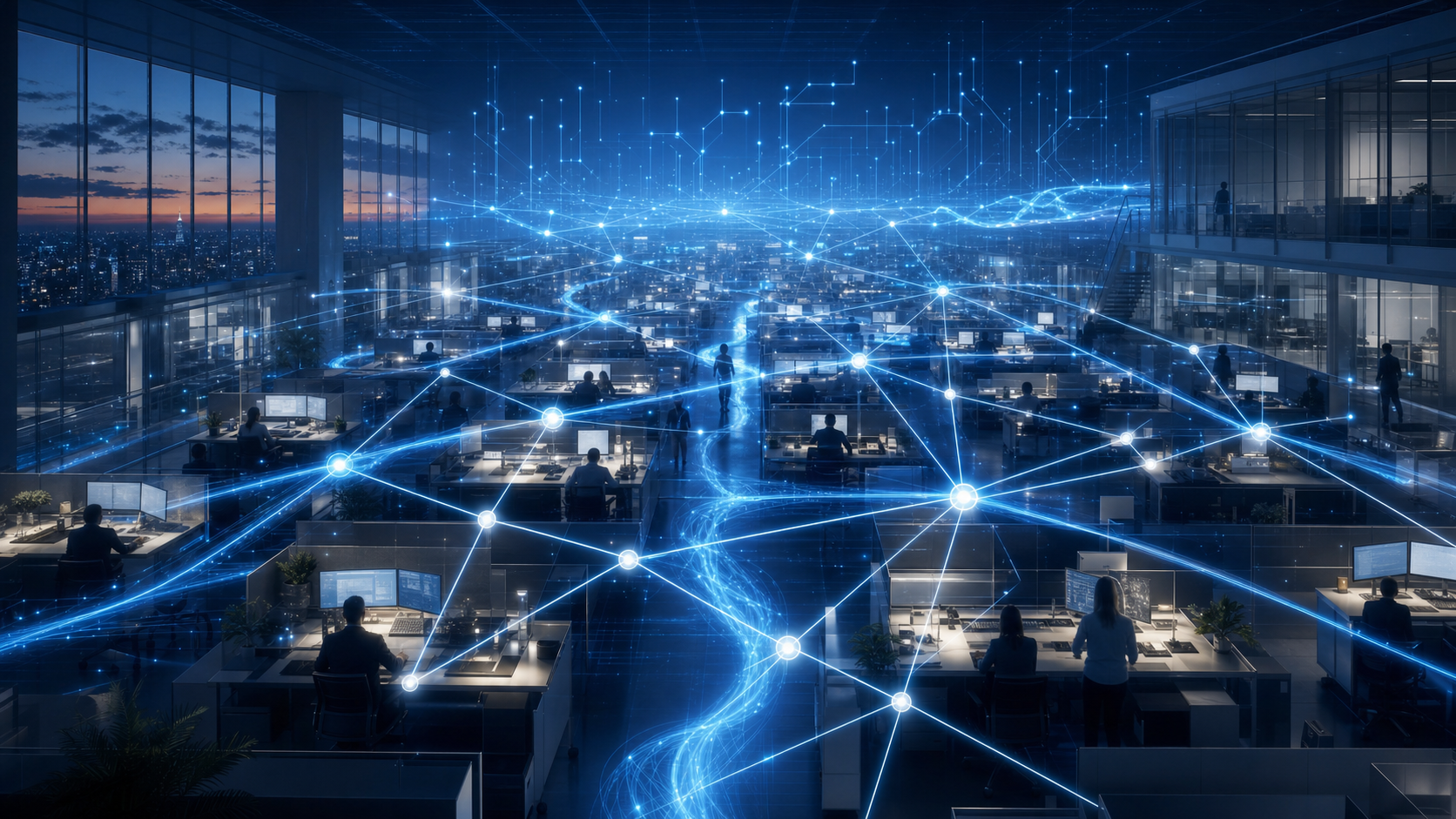 A wide enterprise floor rendered as a luminous blue blueprint at dusk: rows of desks dissolving into a single connected mesh of glowing nodes and data-conduits, a faint horizon line of circuitry, the whole scene lit in deep frontier blue and cool white.