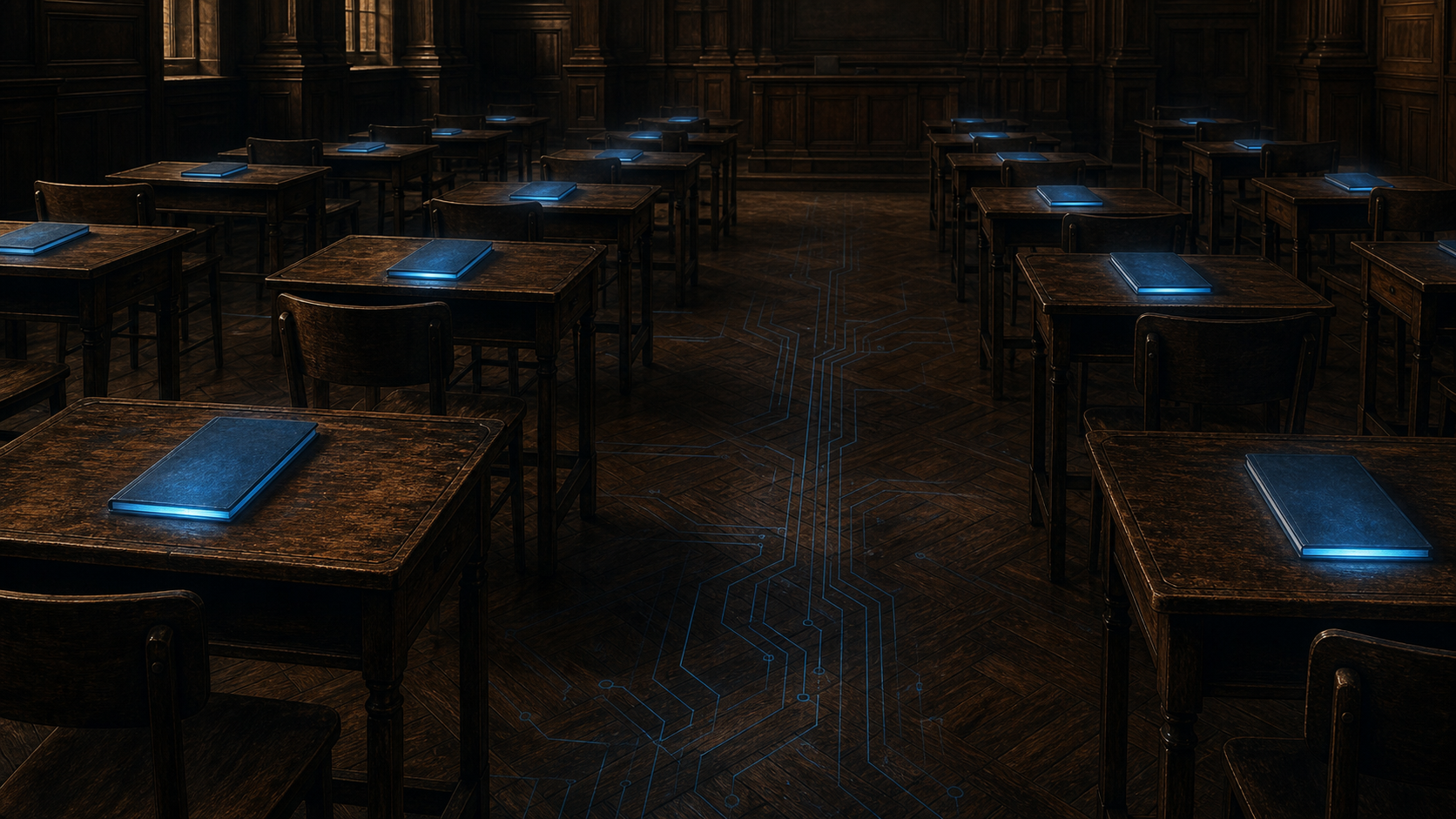 A dim wood-panelled exam hall, rows of empty desks, one blue exam booklet on each glowing faintly from within like a screen; a single faint circuit pattern bleeding up through the old parquet floor.