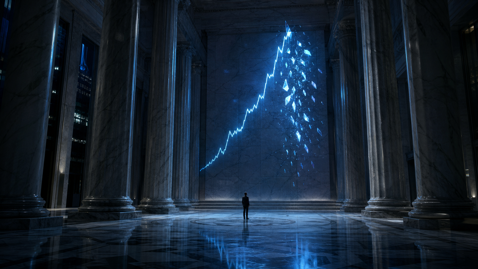 A vast marble central-bank atrium at night, a glowing line-chart projected across the far wall climbing steeply then fracturing near the top into falling shards of blue light, a lone figure watching from the floor below.