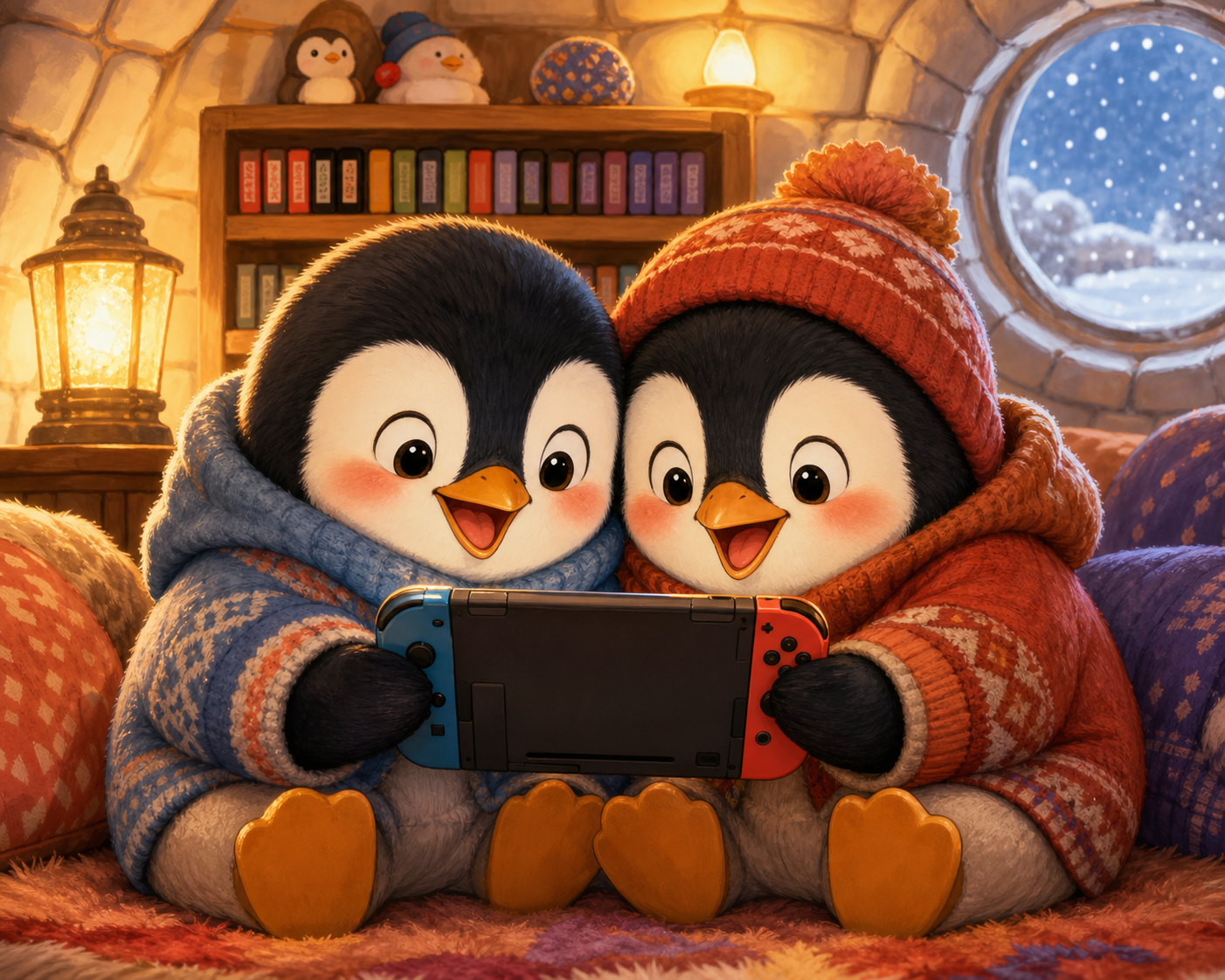 Two penguins huddled together under blankets, happily sharing one handheld console in a warm igloo — the flip side of the crunch.