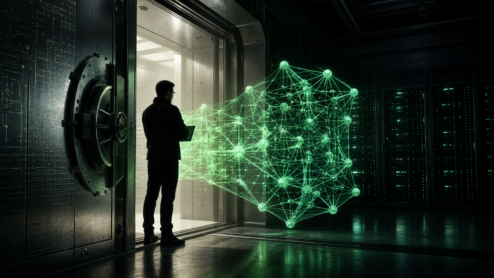 A vault-like server room rendered as a luminous emerald blueprint: an open, glowing model — represented as a transparent lattice of nodes you can see straight through — passing through a heavy secure doorway into a darkened, classified chamber; faint open-source code patterns etched into the steel walls, deep forest-green light.