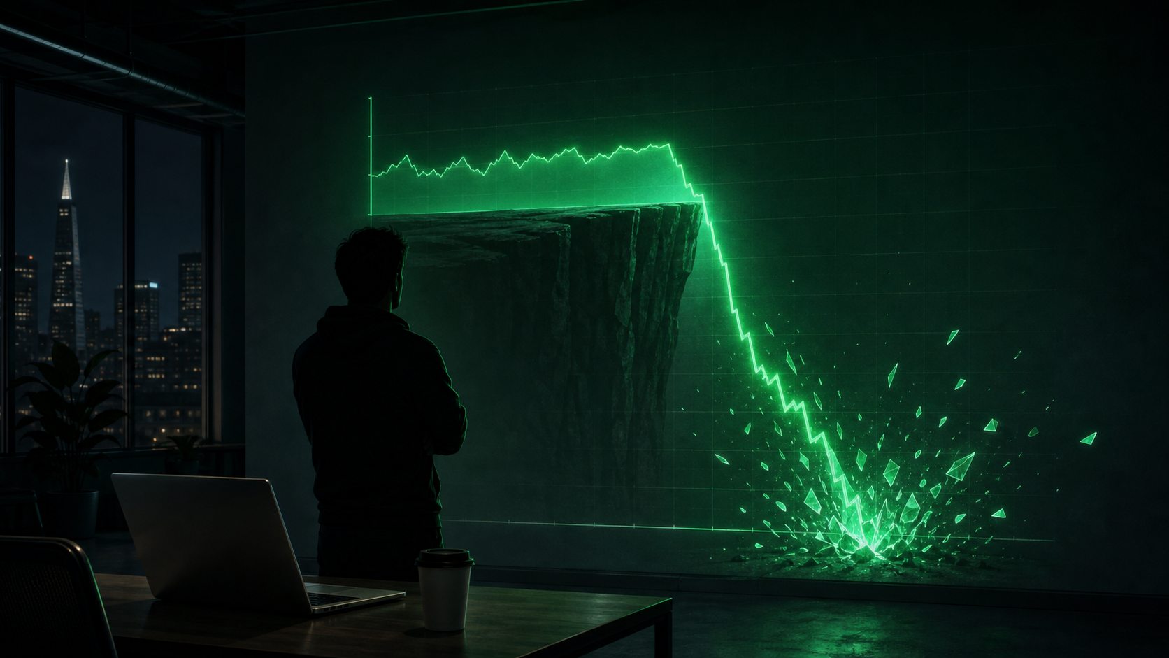 A stark line chart projected on a dark wall in green light, the cost curve plunging off a cliff edge into shards; a lone founder silhouette watching from a sparse San Francisco office, a coffee cooling on the desk.