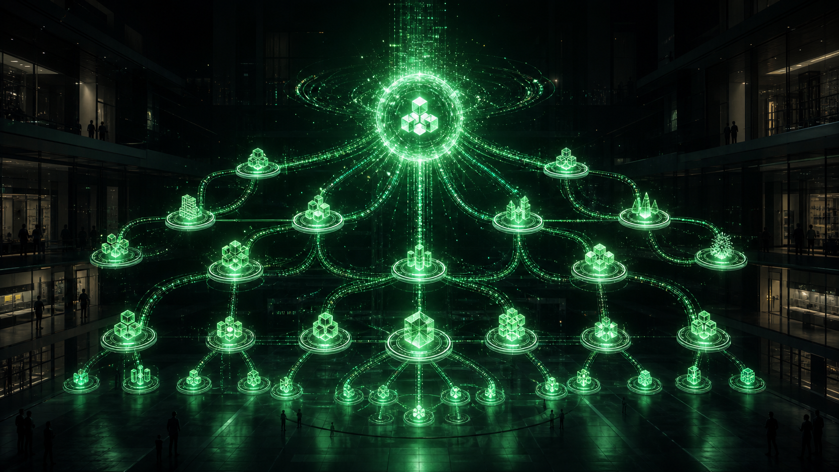 A glowing org chart rendered in emerald, every department node — research, support, legal, engineering — lit up and pulsing with streams of code-tokens flowing between them, the research node burning brightest of all; dark architectural background.