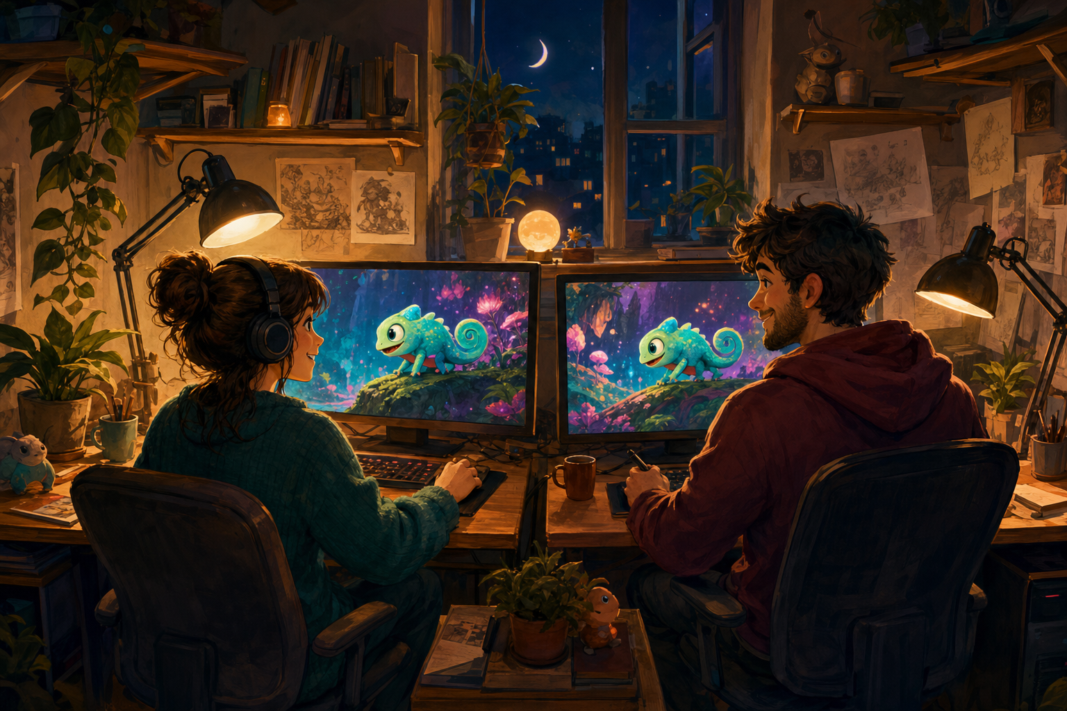 Two developers working happily side by side in a small cozy studio at night, a playful glowing game character on their monitors — the indie spirit, still alive.