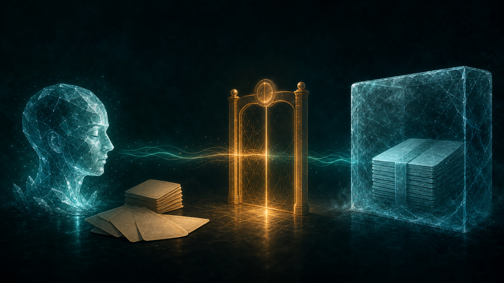 A frozen crystalline mind on the left beside a small stack of practice cards it has already studied; a glowing checkpoint gate in the center; and a separate sealed stack of unseen test cards behind a pane of ice on the right — a change is only kept if it works on the cards the agent never saw.