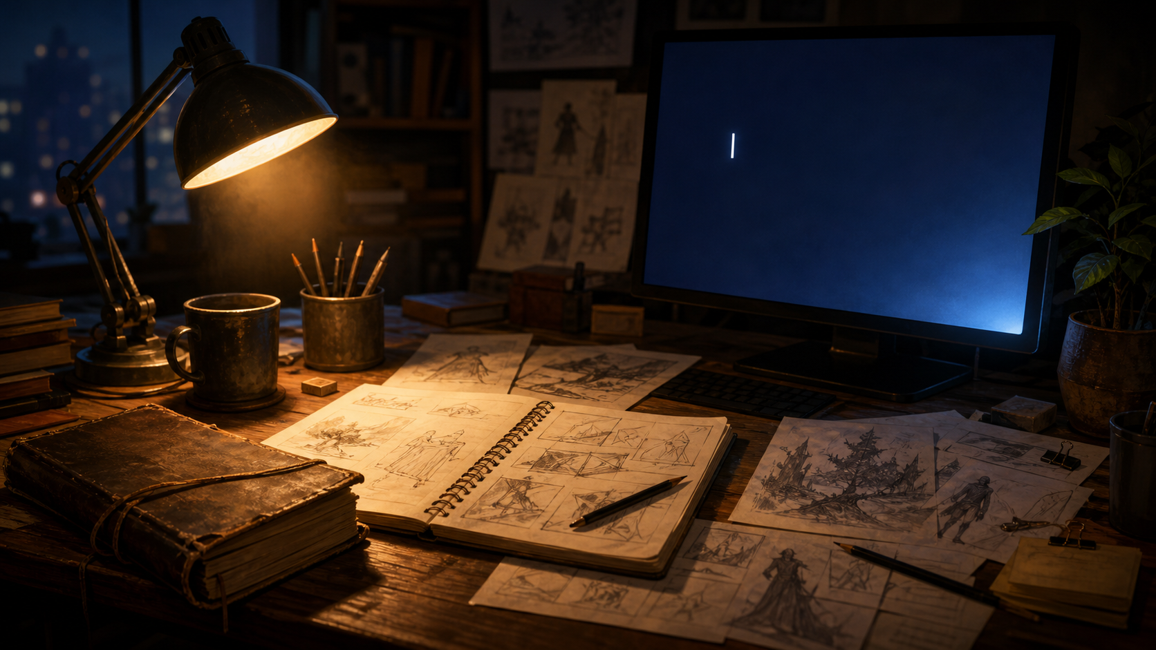 A veteran game writer's desk at night — handwritten story notes and concept sketches under a warm lamp, beside a monitor glowing with a single blinking cursor.