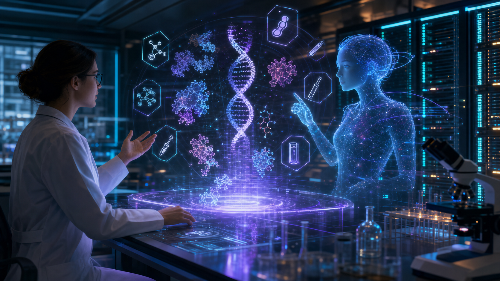 A scientist conversing with an AI agent that runs an accelerated computational-biology workflow end to end