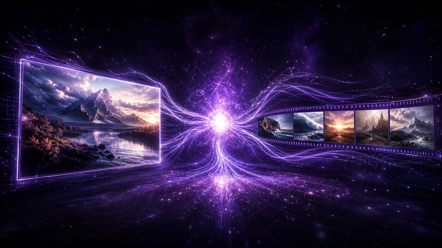 FLUX 3 multimodal flow model — cinematic editorial image of AI energy streams converging